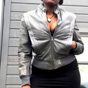 vintage grey leather bomber jacket